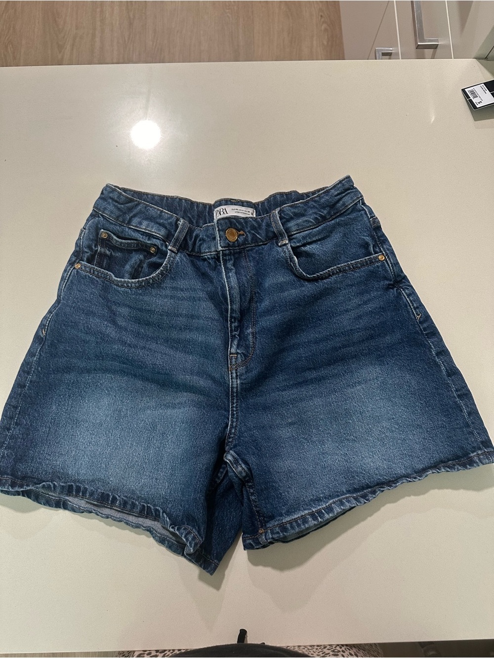 Zara Blue Denim Waistband Shorts with Brass Button
